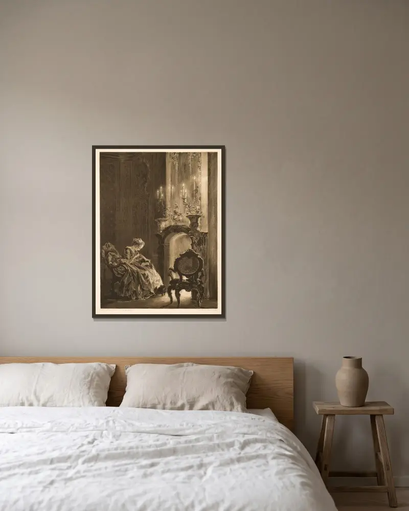 Kvinna läsande vid brasan av Adolph von Menzel inramad på en vägg