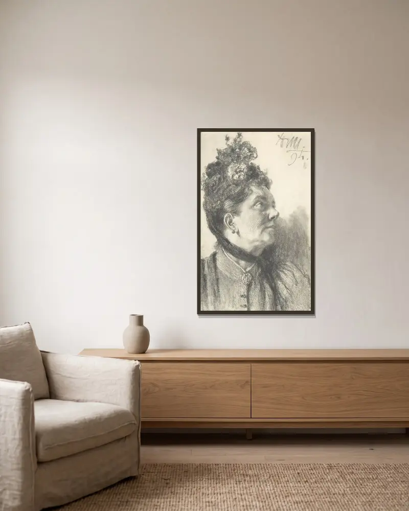 Kvinna med krossad sammetshatt av Adolph von Menzel inramad på en vägg
