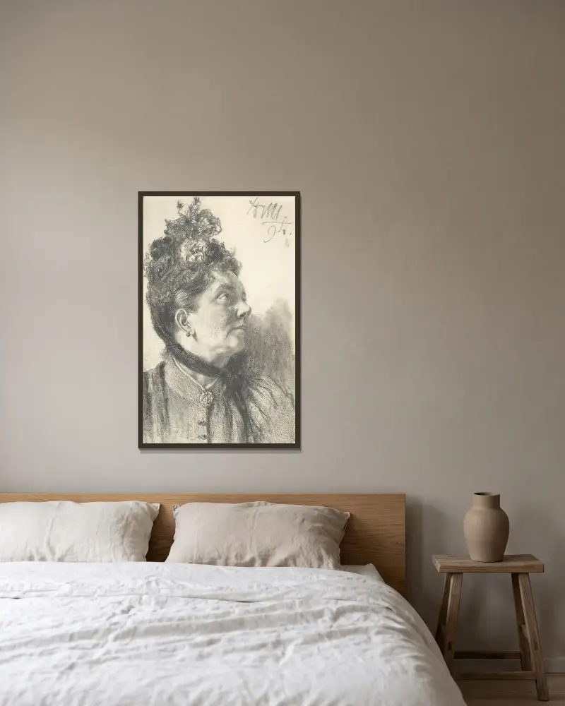 Kvinna med krossad sammetshatt av Adolph von Menzel inramad på en vägg