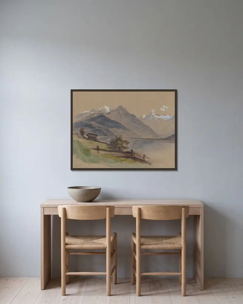 Alpenlandschaft mit See von Friedrich Carl von Scheidlin gerahmt an einer Wand