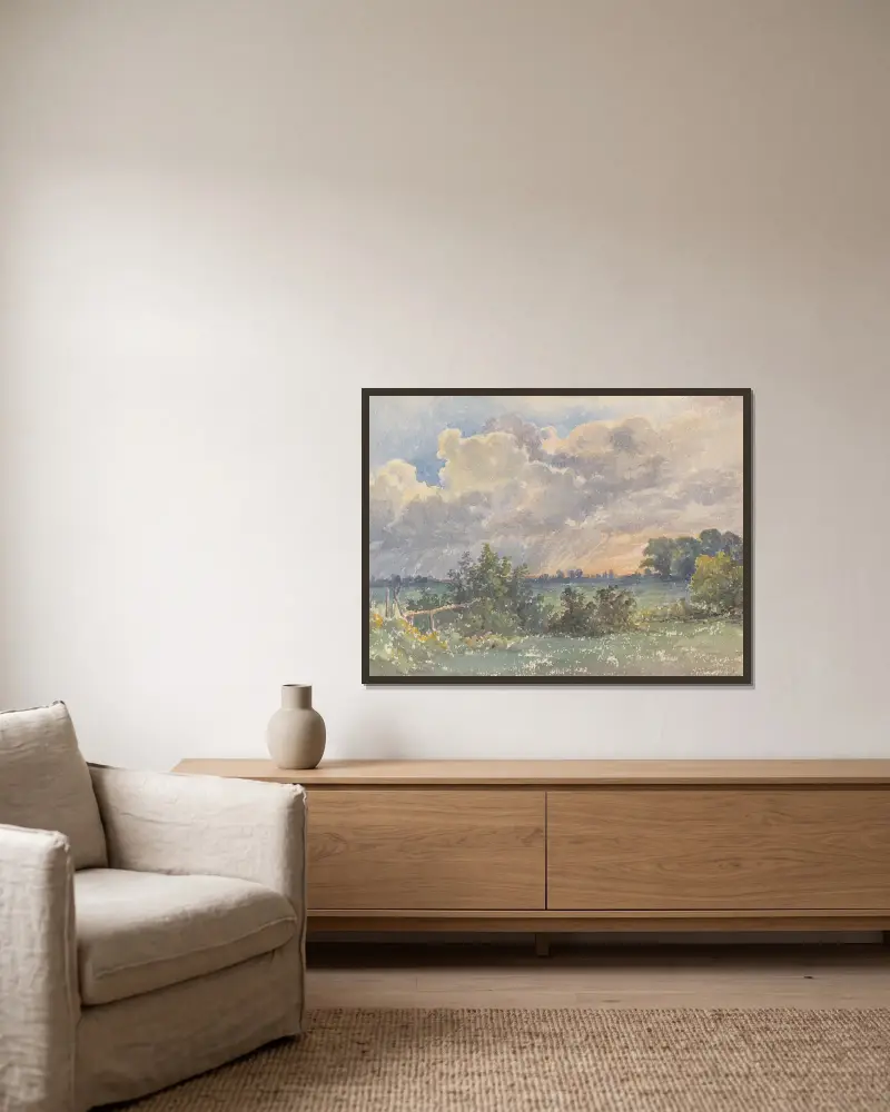 Landschaft bei Sonnenuntergang von Friedrich Carl von Scheidlin gerahmt an einer Wand