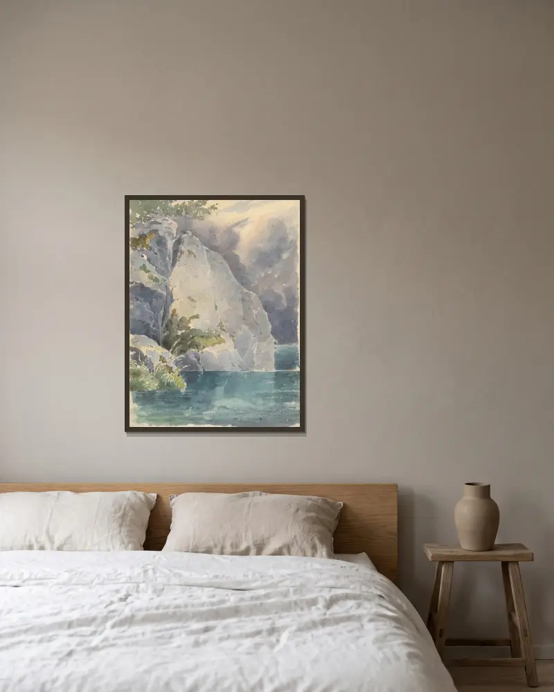 Felsen über einem See von Friedrich Carl von Scheidlin gerahmt an einer Wand