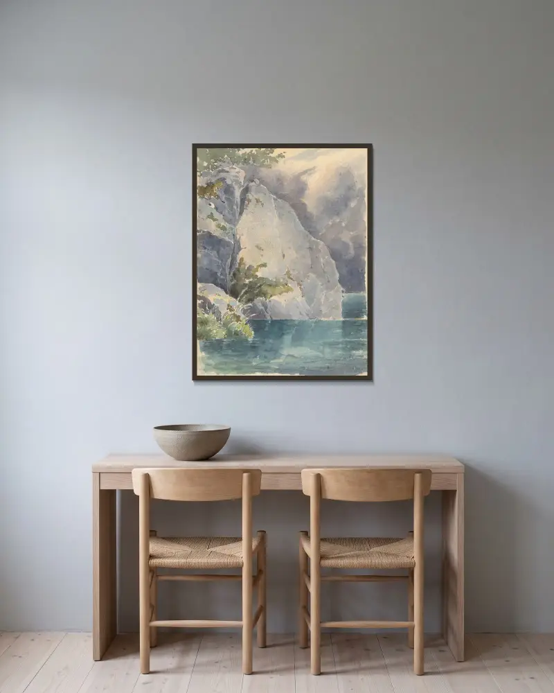 Felsen über einem See von Friedrich Carl von Scheidlin gerahmt an einer Wand