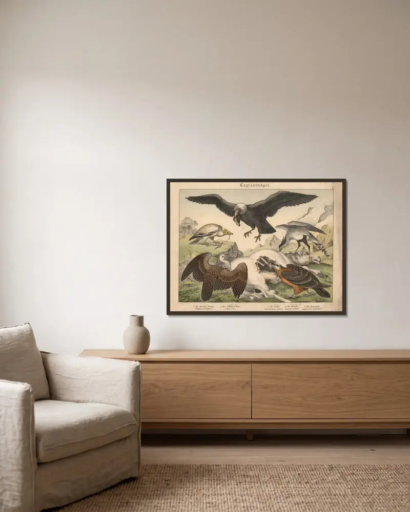 Tagraubvögel. a) Der schmutzige Aasgeier, b) Der weissköpfige Geier, c) Der Condor, d) Der Bartgeier, e) Der Kranichgeier av Gotthilf Heinrich von Schubert inramad på en vägg
