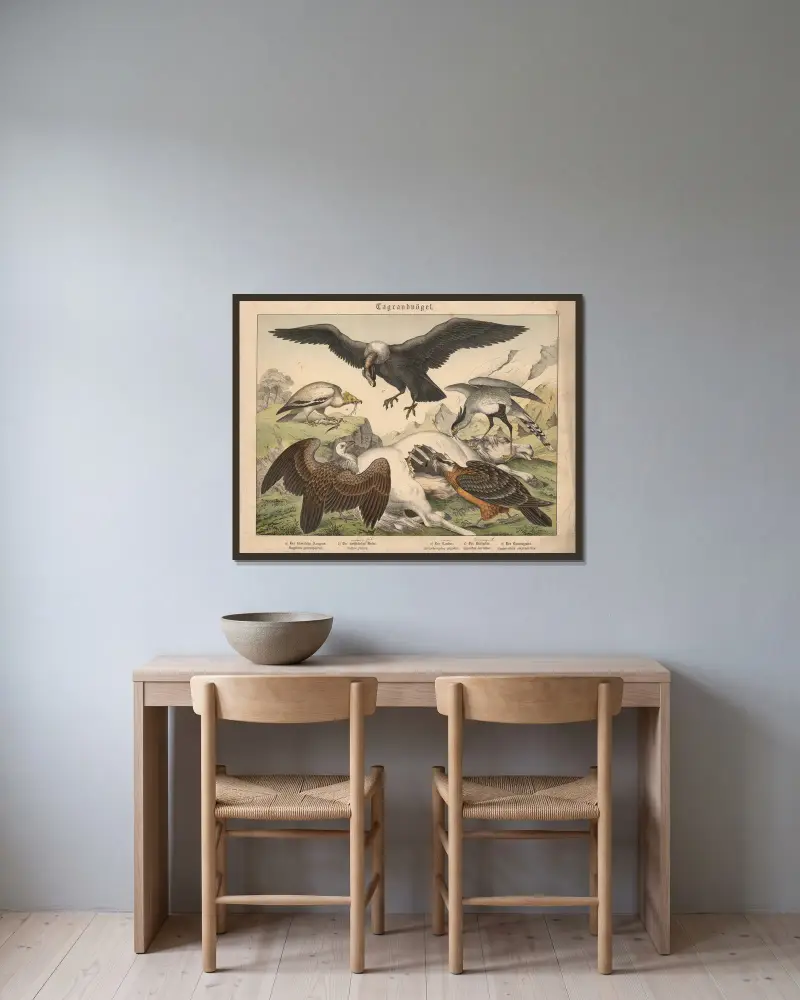 Tagraubvögel. a) Der schmutzige Aasgeier, b) Der weissköpfige Geier, c) Der Condor, d) Der Bartgeier, e) Der Kranichgeier av Gotthilf Heinrich von Schubert inramad på en vägg