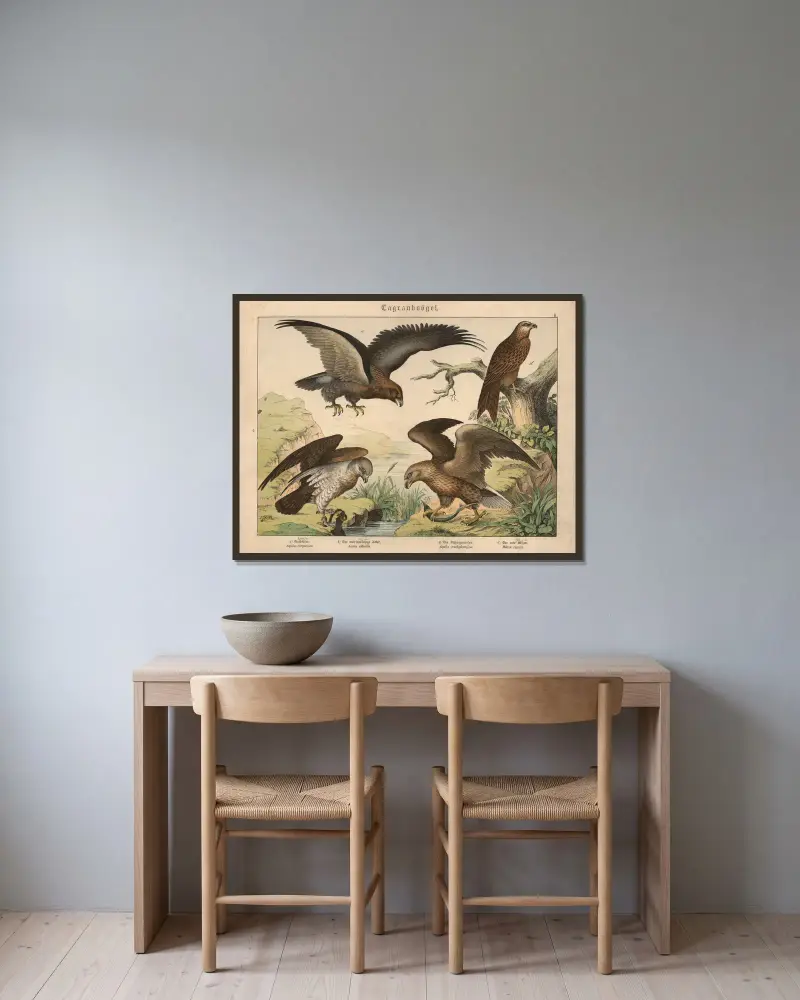 Tagraubvögel. a) Goldadler, b) Der weissschwänzige Adler, c) Der Schlangenadler, d) Der rote Milan av Gotthilf Heinrich von Schubert inramad på en vägg