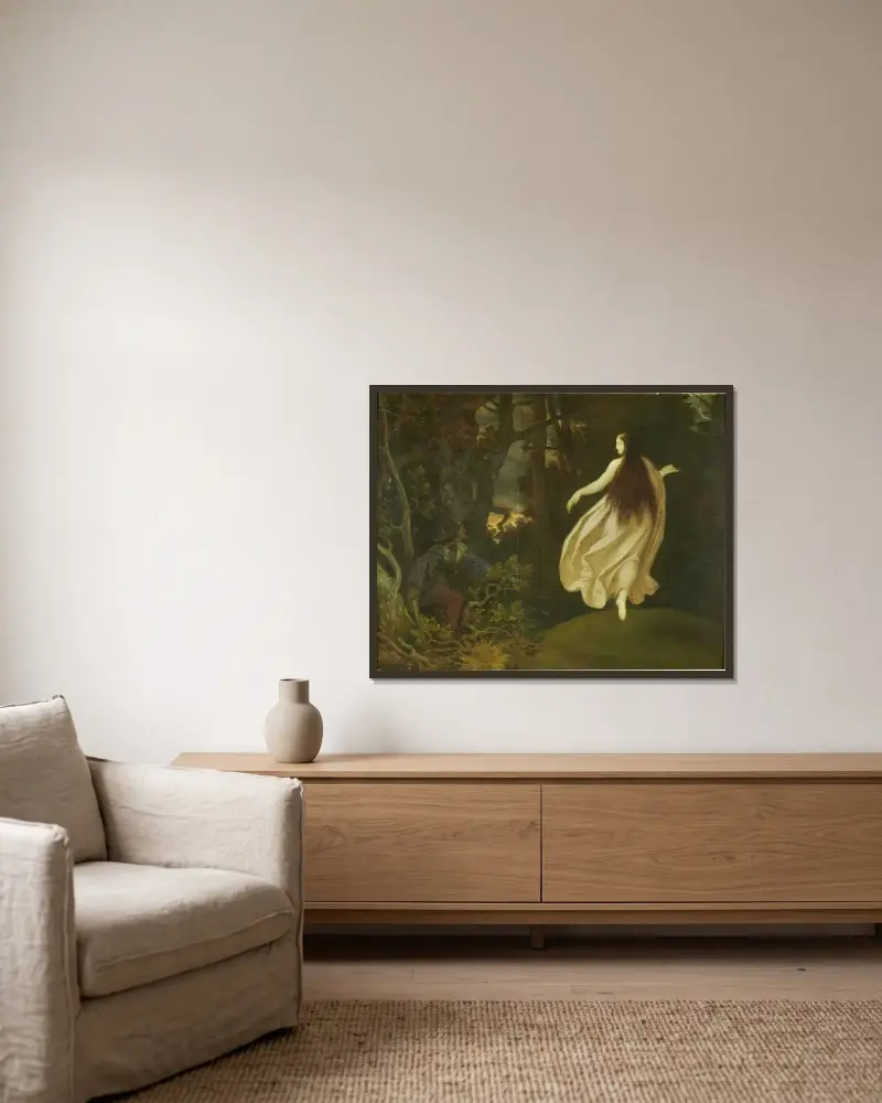 Erscheinung im Wald (aus Dornröschen) von Moritz von Schwind gerahmt an einer Wand