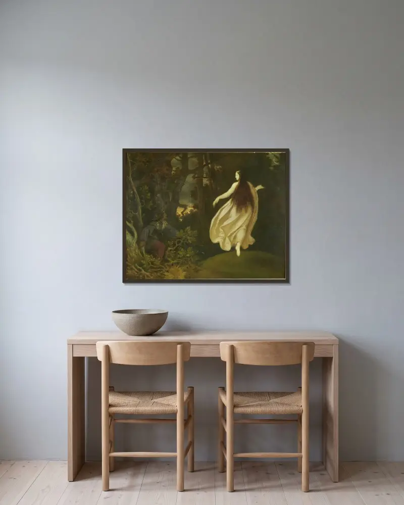 Erscheinung im Wald (aus Dornröschen) von Moritz von Schwind gerahmt an einer Wand