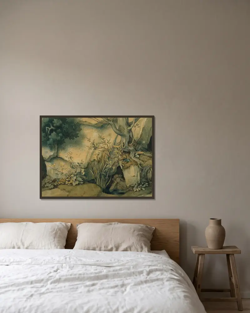 Den sköna Melusine; I. Melusinas källa av Moritz von Schwind inramad på en vägg