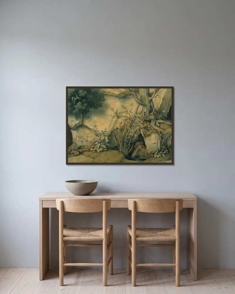 Den sköna Melusine; I. Melusinas källa av Moritz von Schwind inramad på en vägg