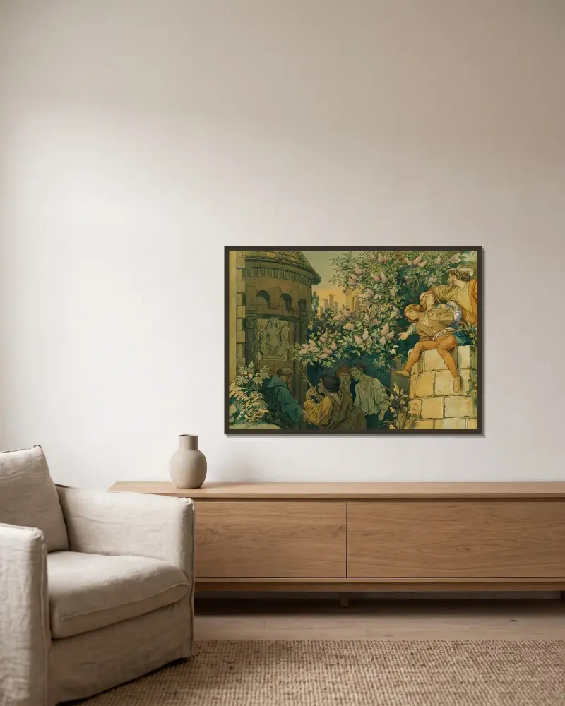 Den sköna Melusine; VI. De onda tungorna av Moritz von Schwind inramad på en vägg