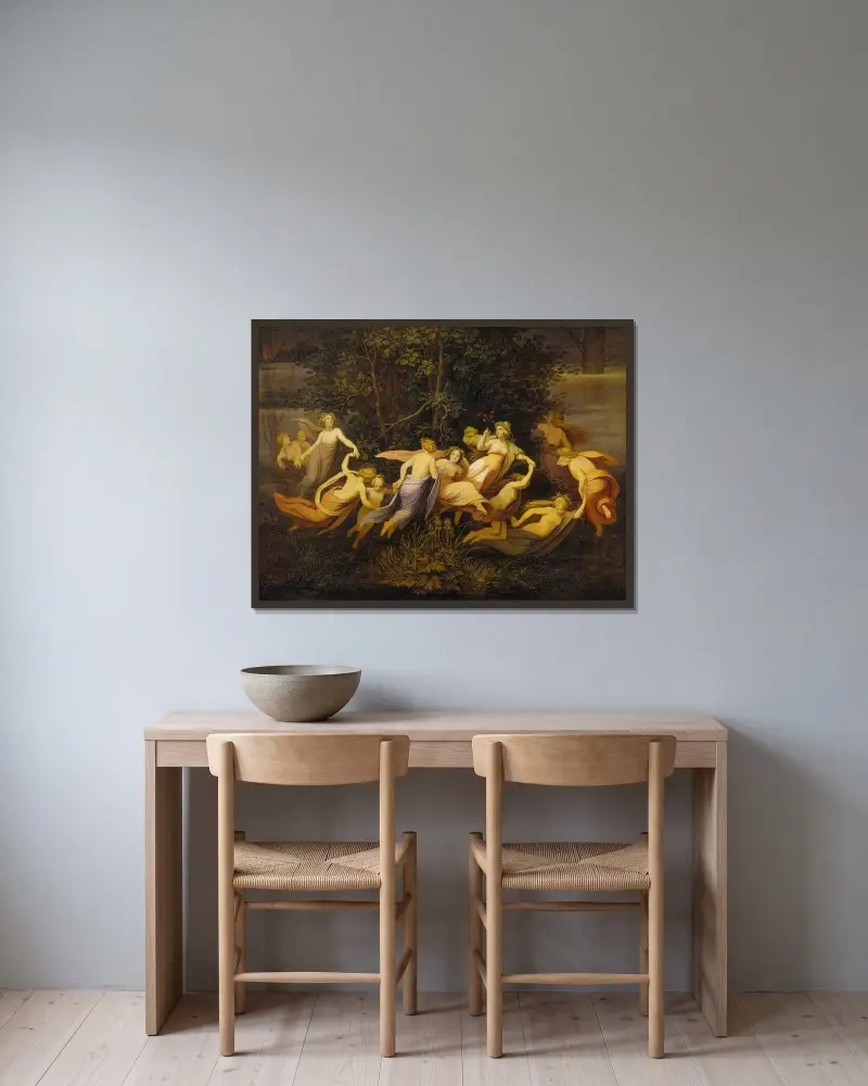 Älvdans i alskogen av Moritz von Schwind inramad på en vägg