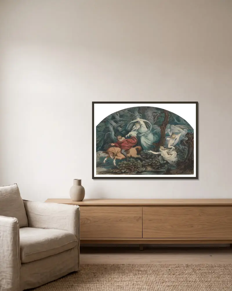 Illustration till Goethes dikt Erlkönig av Moritz von Schwind inramad på en vägg