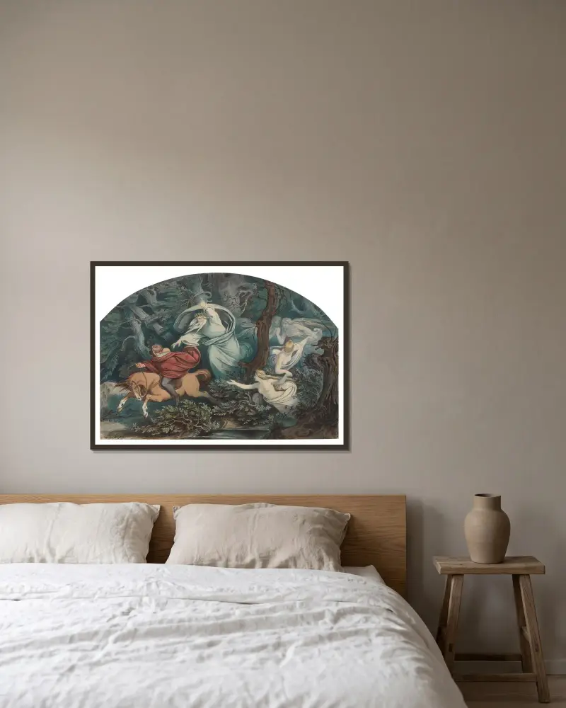 Illustration till Goethes dikt Erlkönig av Moritz von Schwind inramad på en vägg