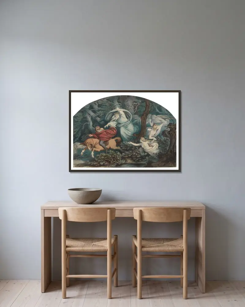 Illustration till Goethes dikt Erlkönig av Moritz von Schwind inramad på en vägg