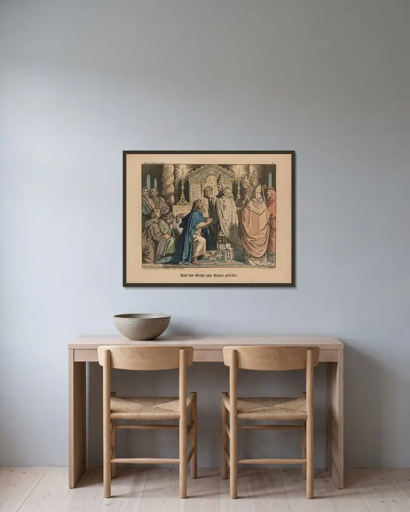Karl der Große zum Kaiser gekrönt von Moritz von Schwind gerahmt an einer Wand