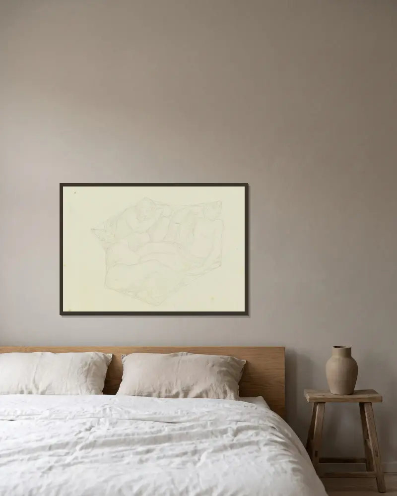 Kompositionsaufgabe; Drei Gestalten in einem unregelmäßigen Feld von Moritz von Schwind gerahmt an einer Wand