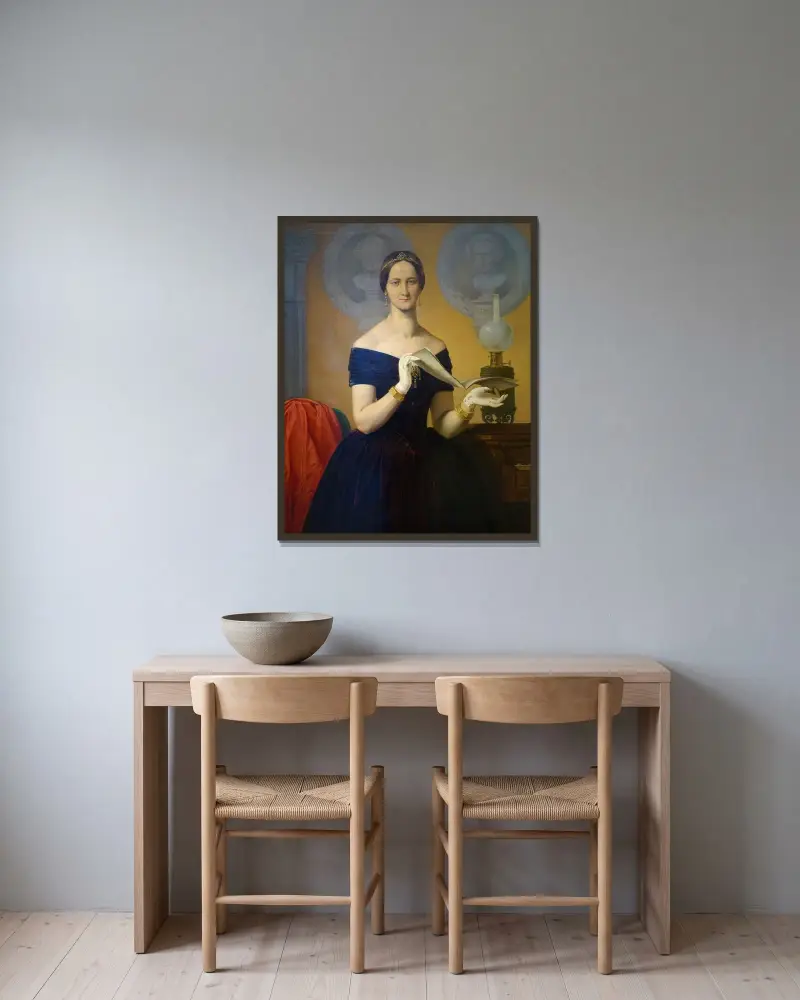 Porträtt av sångerskan Caroline Hetzenecker av Moritz von Schwind inramad på en vägg