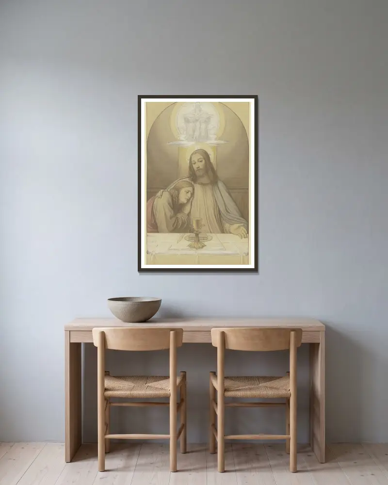 Christus mit dem Lieblingsjünger Johannes, Halbfiguren am Tisch des letzten Abendmahles, über ihnen die Dreifaltigkeit av Eduard von Steinle inramad på en vägg
