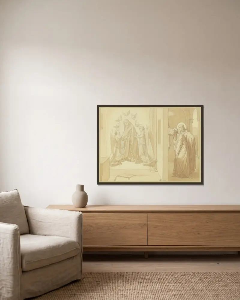Die Heiligen Johannes der Evangelist und Dionysos, die im Gebet schwebende Maria beobachtend von Eduard von Steinle gerahmt an einer Wand
