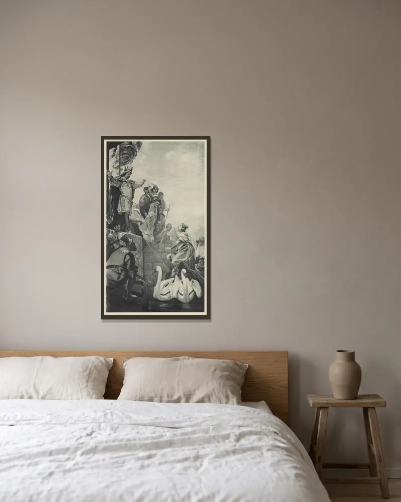 Illustration till sagan om Rhen och müllern Radlauf av Eduard von Steinle inramad på en vägg