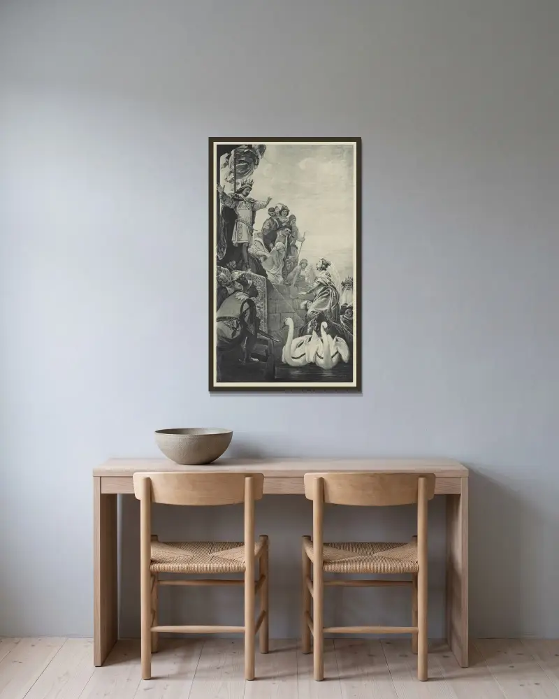 Illustration till sagan om Rhen och müllern Radlauf av Eduard von Steinle inramad på en vägg