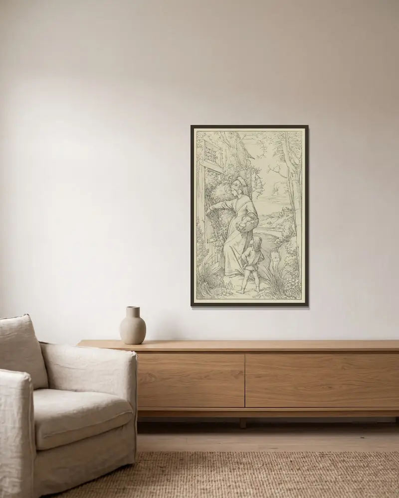 Illustration zur Chronika des fahrenden Schülers av Eduard von Steinle inramad på en vägg