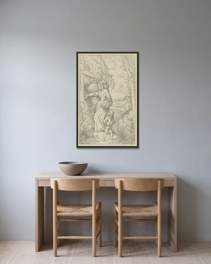 Illustration zur Chronika des fahrenden Schülers av Eduard von Steinle inramad på en vägg