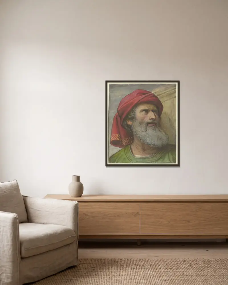Huvud av en uppåtblickande man med turban av Eduard von Steinle inramad på en vägg