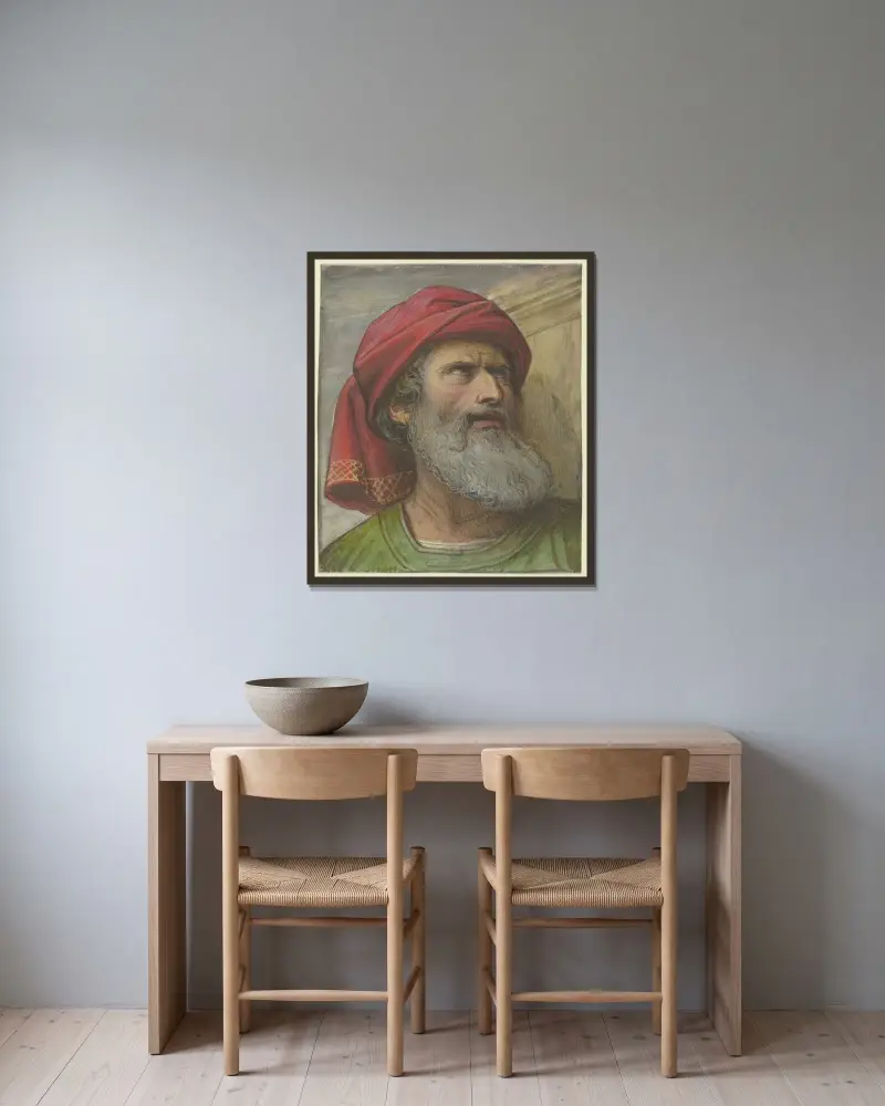 Huvud av en uppåtblickande man med turban av Eduard von Steinle inramad på en vägg