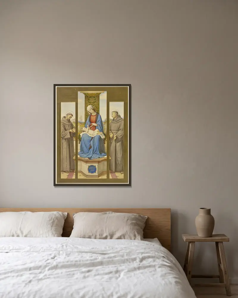 Madonna auf dem Thron, neben den Heiligen Franziskus und Antonius, als Triptychon von Eduard von Steinle gerahmt an einer Wand