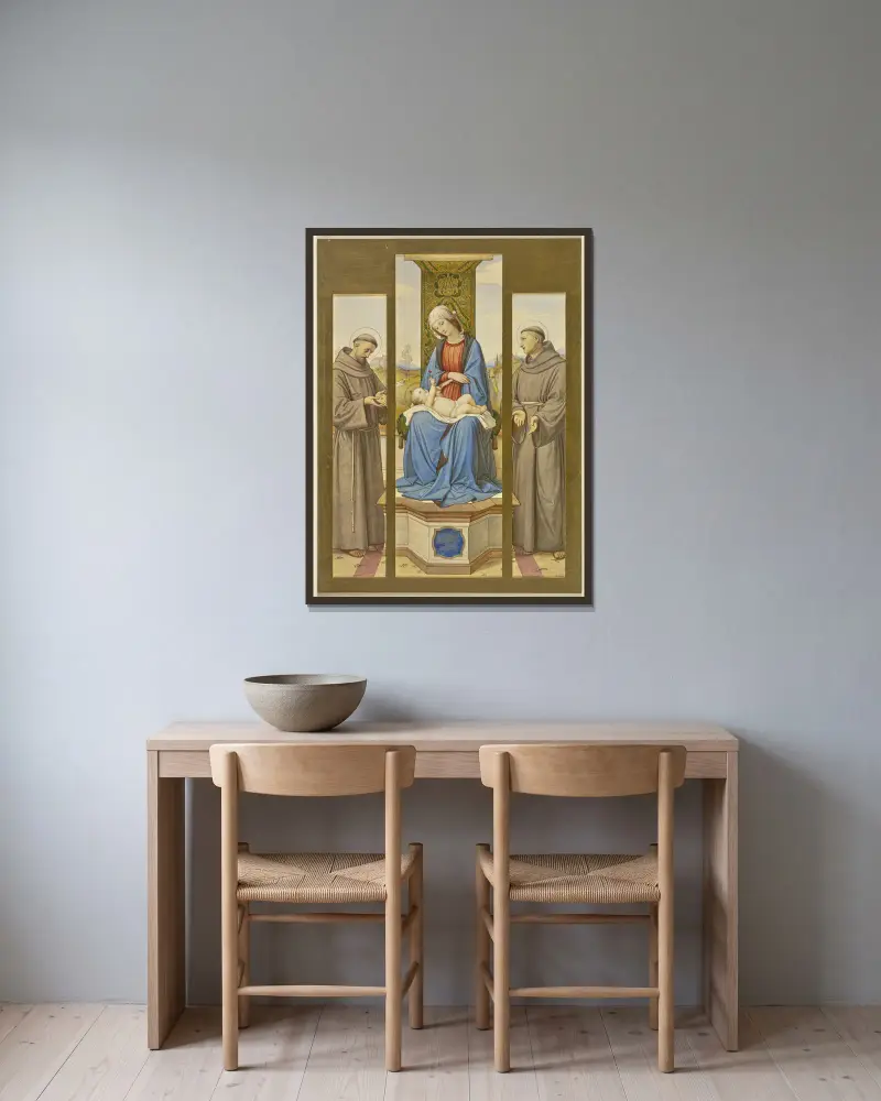 Madonna auf dem Thron, neben den Heiligen Franziskus und Antonius, als Triptychon von Eduard von Steinle gerahmt an einer Wand
