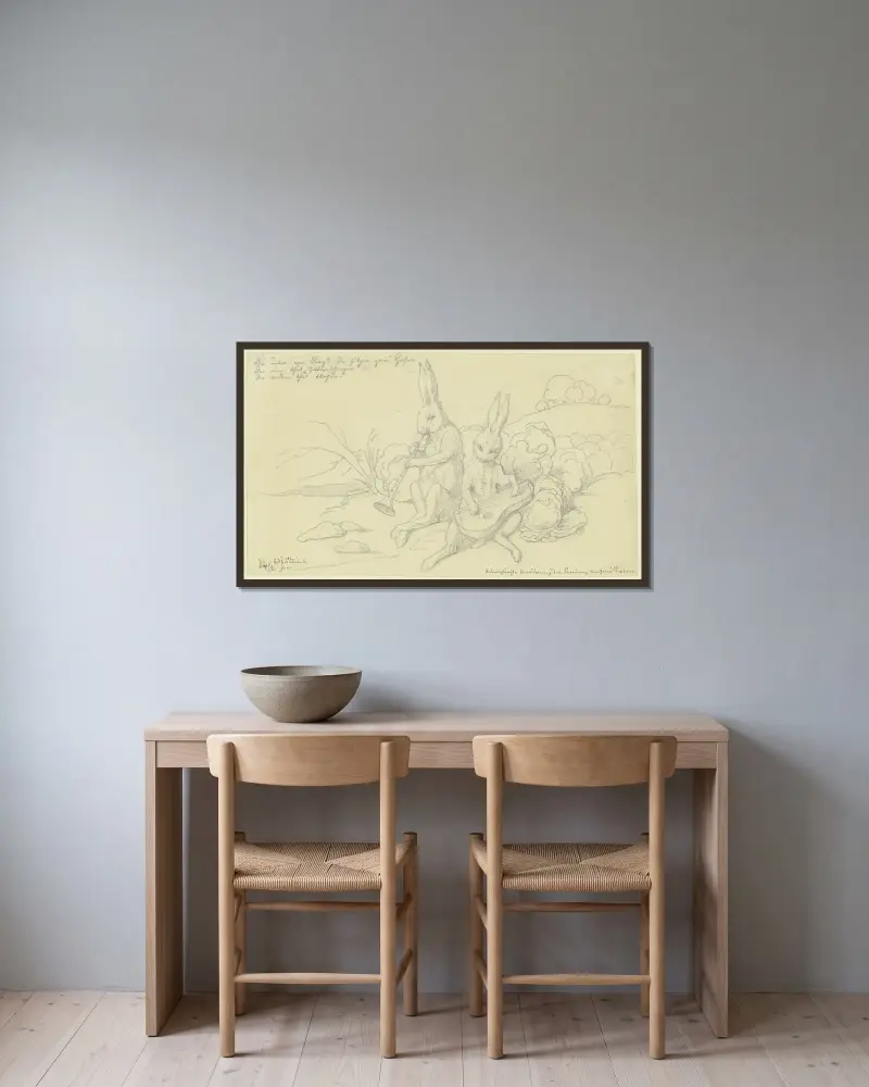 Två harar musicerar i kål av Eduard von Steinle inramad på en vägg