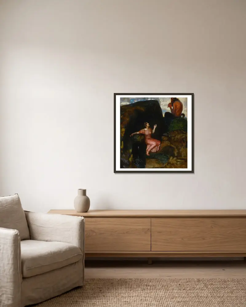 An der Quelle (Lauschende Nymphe) von Franz von Stuck gerahmt an einer Wand