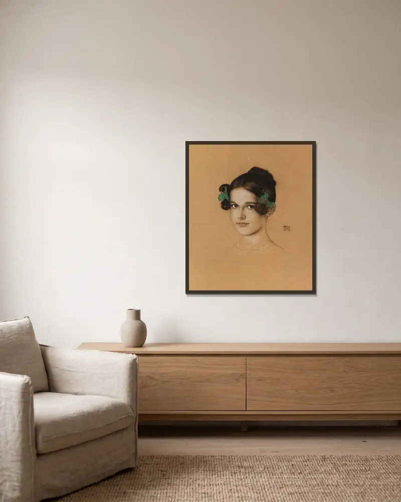 Porträtt av dottern Mary med gröna rosetter av Franz von Stuck inramad på en vägg