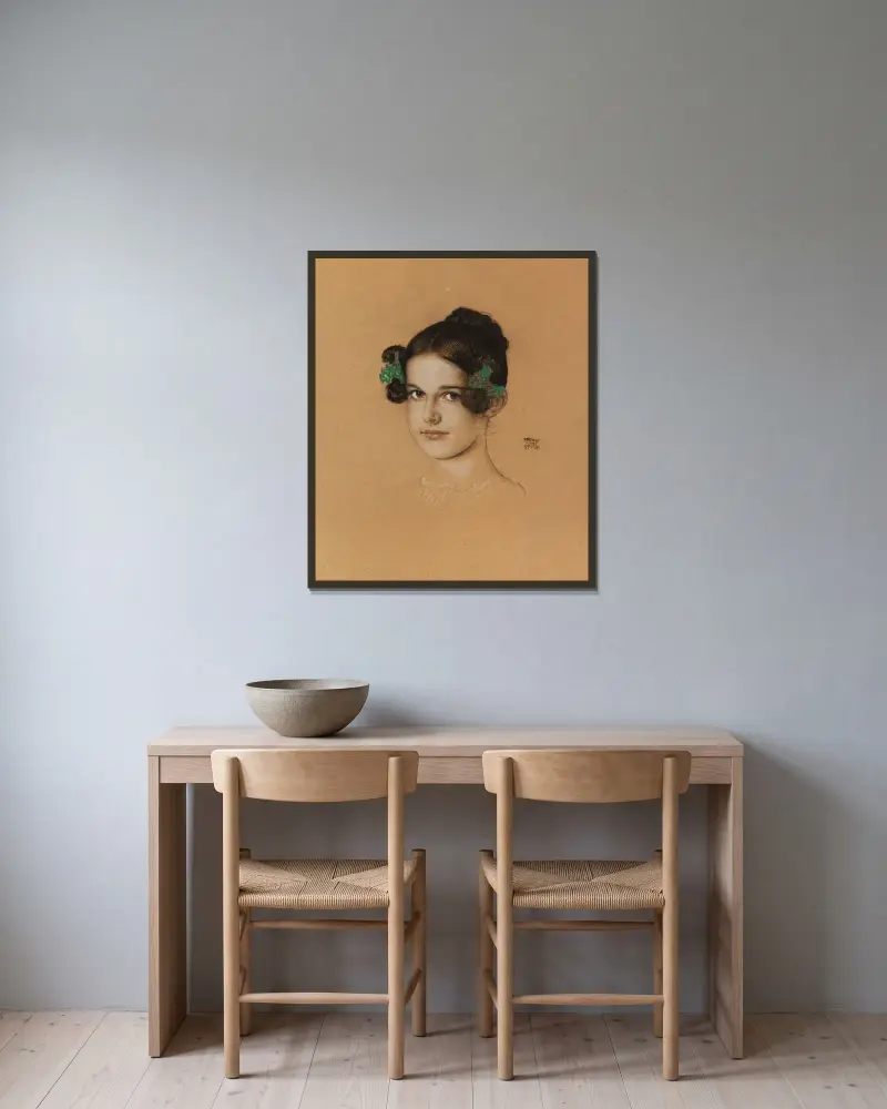 Porträtt av dottern Mary med gröna rosetter av Franz von Stuck inramad på en vägg