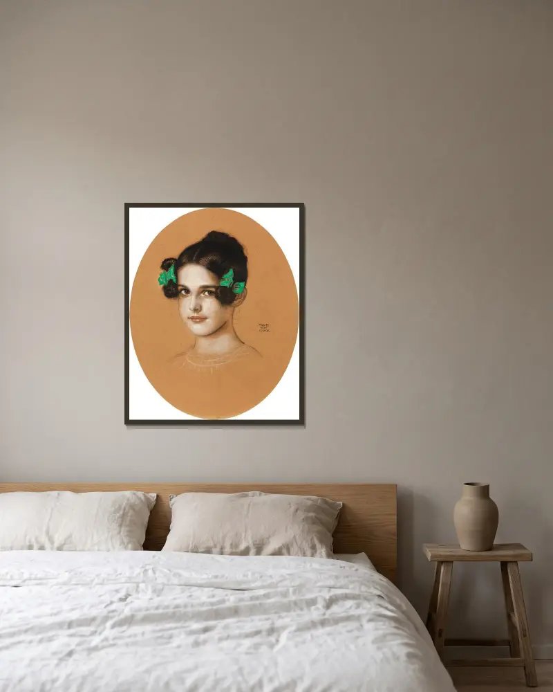 Porträtt av dottern Mary med gröna rosetter av Franz von Stuck inramad på en vägg