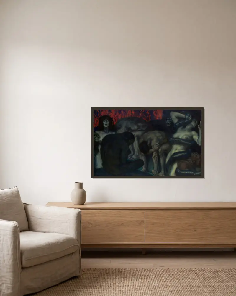 Inferno av Franz von Stuck inramad på en vägg