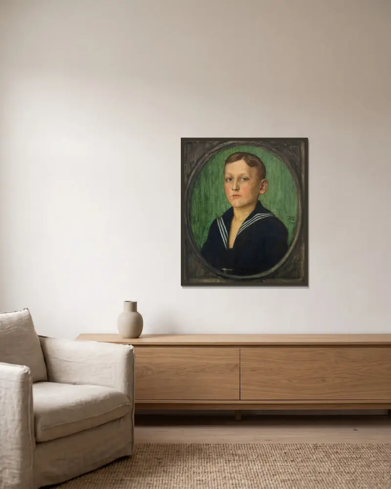 Pojkporträtt (Heinrich Butzer) av Franz von Stuck inramad på en vägg