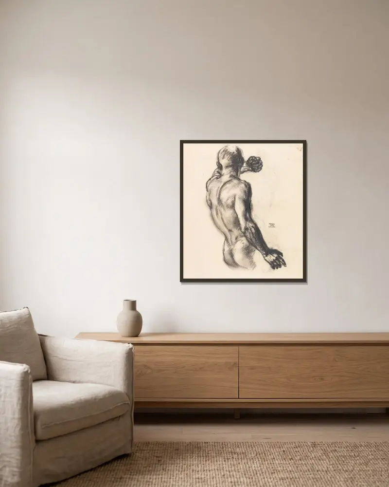 Manlig ryggakt (studie till ”Medusa”) av Franz von Stuck inramad på en vägg