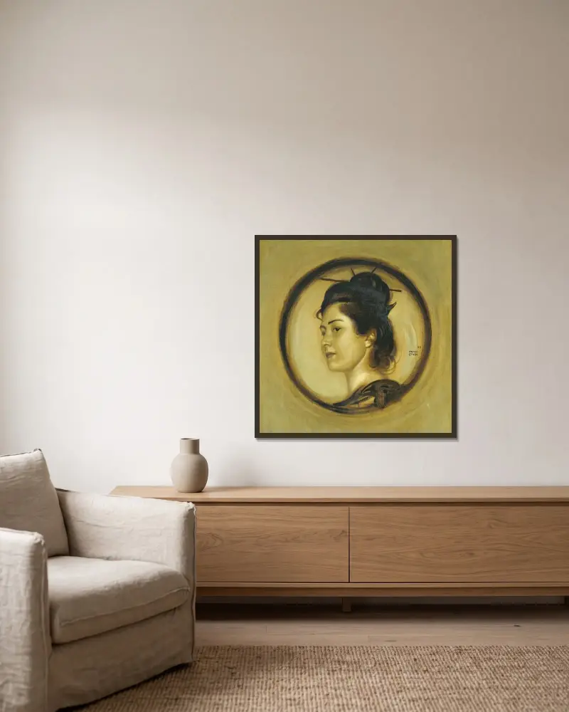 Marie i japansk dräkt av Franz von Stuck inramad på en vägg