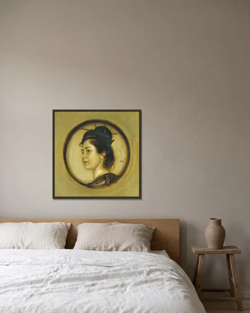 Marie i japansk dräkt av Franz von Stuck inramad på en vägg