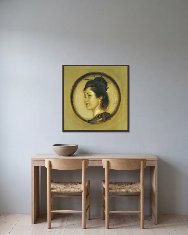 Marie i japansk dräkt av Franz von Stuck inramad på en vägg