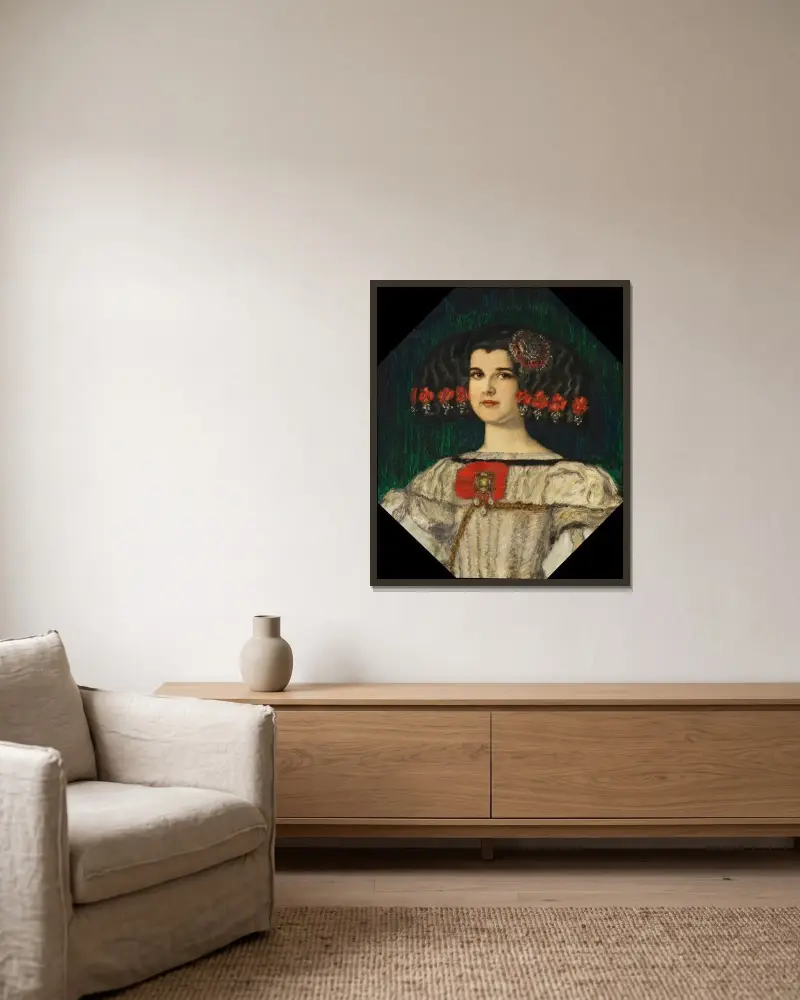 Min dotter Mary i Velázquez-dräkt av Franz von Stuck inramad på en vägg