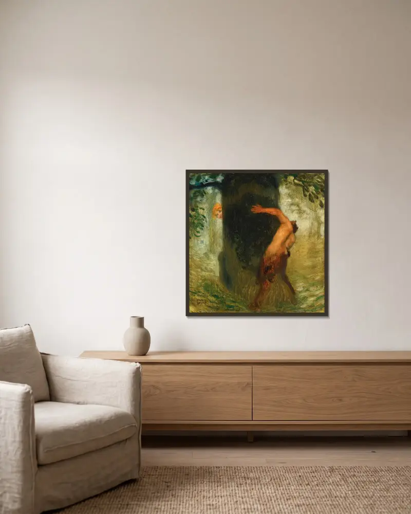 Neckerei (The Tease) av Franz von Stuck inramad på en vägg