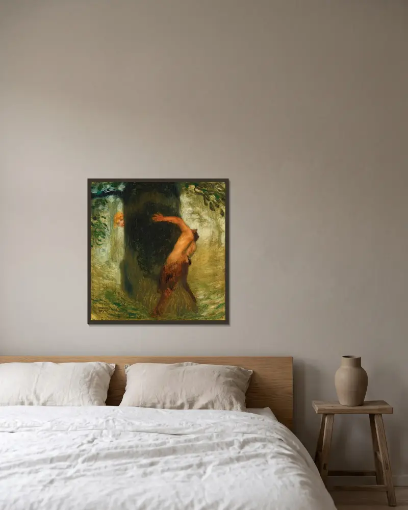 Neckerei (The Tease) av Franz von Stuck inramad på en vägg