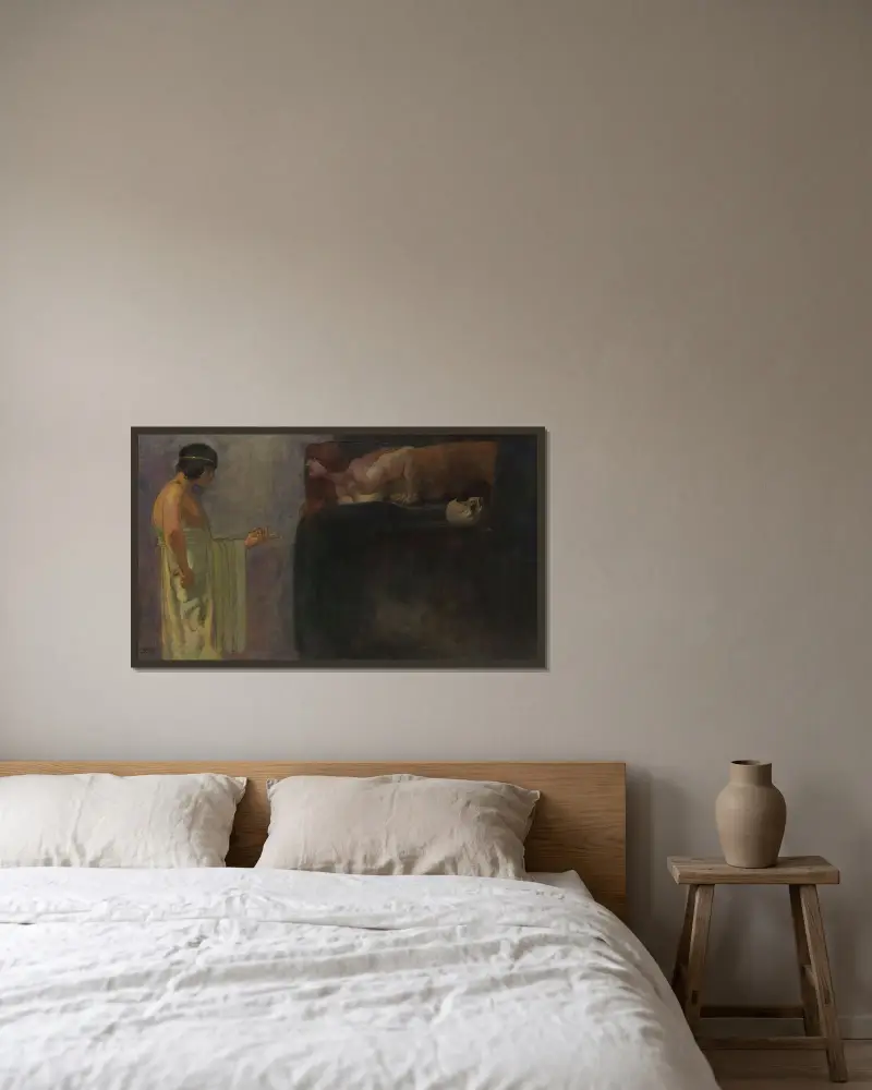 Oidipus löser sfinxens gåta av Franz von Stuck inramad på en vägg