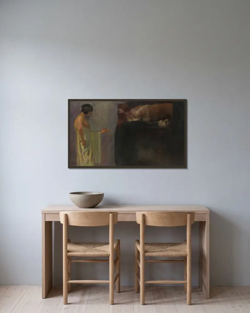 Oidipus löser sfinxens gåta av Franz von Stuck inramad på en vägg