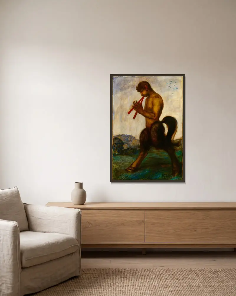 Pan med dubbelflöjt av Franz von Stuck inramad på en vägg