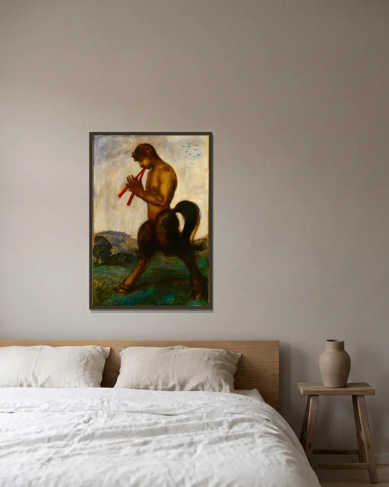Pan med dubbelflöjt av Franz von Stuck inramad på en vägg